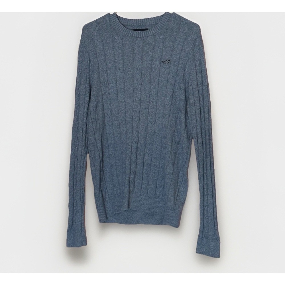Hollister Blue Cable Knit Sweater Mens L Oversized Cozycore Crewneck Coastal